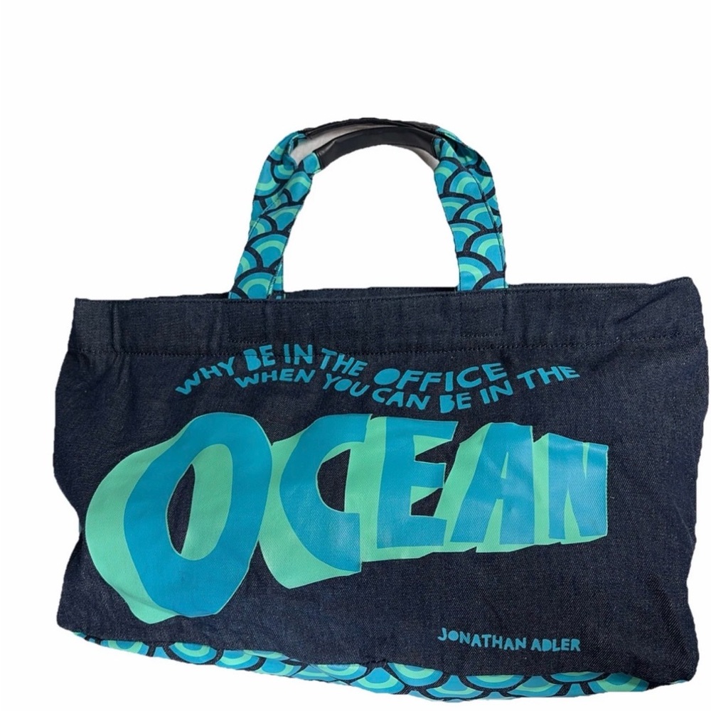 Jonathan Adler  Denim Ocean Graphic Tote Beach Bag with leather handles